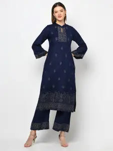 Safaa Navy Blue & Grey Woven Design Acro Wool Unstitched Dress Material