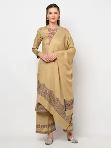 Safaa Brown & Green Woven Design Acro wool Unstitched Dress Material