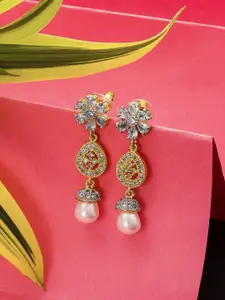 aadita Gold-Toned AD Studded Floral Drop Earrings