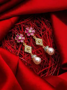 aadita Gold-Toned & Pink Floral Drop Earrings