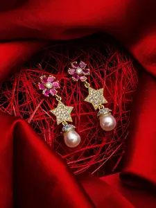 aadita Gold-Plated & Pink Star Shaped Drop Earrings