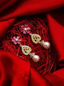 aadita Gold-Toned AD Studded Floral Drop Earrings