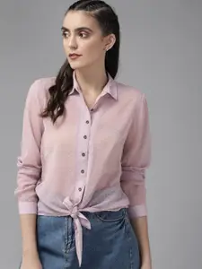 Roadster Women Mauve Self Design Dobby Weave Semi Sheer Casual Shirt