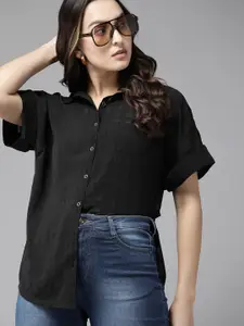 The Roadster Lifestyle Co. Women Self Checked Semi Sheer Extended Sleeves Casual Shirt