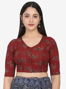 THE WEAVE TRAVELLER Women Maroon & Blue Printed Cotton Saree Blouse