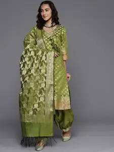 Chhabra 555 Green & Gold-Toned Banarasi Weaving Unstitched Dress Material