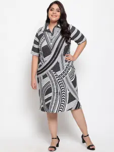 Amydus Women Plus Size Black Wave Melody Monochrome Collar Dress
