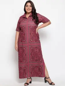 Amydus Plus Size Pink & Black Ethnic Scarf Print Side Slit Maxi Dress