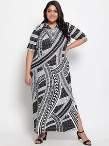 Amydus Plus Size Black & Grey Wave Melody Monochrome Side Slit Maxi Dress