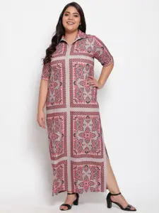 Amydus Grey & Red Ethnic Motifs Plus Size Side Slit Maxi Dress
