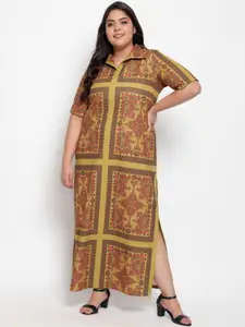 Amydus Plus Size Mustard & Red Ethnic Motifs Side Slit Maxi Dress