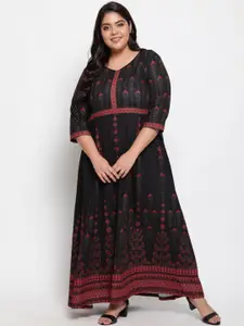 Amydus Plus Size Black & Red Ethnic Motifs Maxi Dress