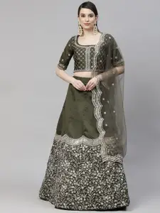 SHUBHKALA Olive Green & Embroidered Sequinned Semi-Stitched Lehenga & Unstitched Blouse With Dupatta