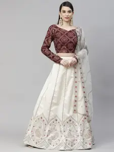 SHUBHKALA White & Maroon Embroidered Sequinned Semi-Stitched Lehenga & Unstitched Blouse With Dupatta