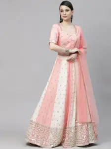 SHUBHKALA Pink & White Embroidered Sequinned Semi-Stitched Lehenga & Unstitched Blouse With Dupatta