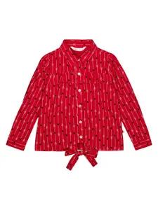 Budding Bees Red & White Geometric Mandarin Collar Shirt Style Top