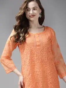 ADA Orange Ethnic Motifs Embroidered Chikankari Kurti With Matching Slip