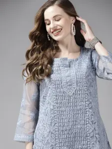 ADA Grey Ethnic Motifs Embroidered Chikankari Kurti With Matching Slip