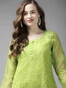 ADA Green Ethnic Motifs Embroidered Chikankari Kurti With Matching Slip