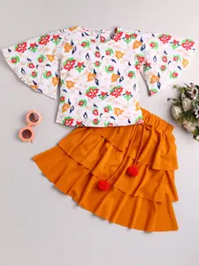 Toonyport Girls White & Mustard Printed Top with Skirt