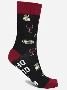 FOREVER 21 Men Black & Maroon Patterned Calf-Length Socks