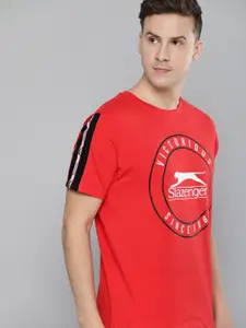 Slazenger Men Red Brand Logo Printed Side Striped Pure Cotton Bio-Wash T-shirt