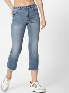 ONLY Women Blue Slim Fit High-Rise Low Distress Light Fade Cropped Jeans