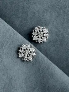 ZINU Silver-Toned & White Floral Shaped Rhodium Plated Cubic Zirconia Studs Earrings