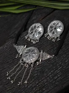 Fabstreet Silver-Plated Mirror-Studded & Beaded Handcrafted Tassel Pendant Jewellery Set