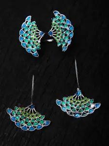 Fabstreet Blue & Silver-Toned & Plated Enamelled Earrings With Finger Ring