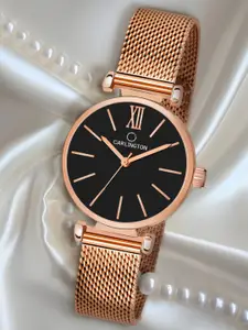 CARLINGTON Women Black Dial & Rose Gold Toned Bracelet Style Straps Analogue Watch CT2016
