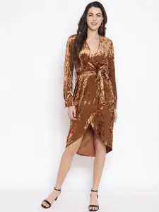 iki chic Bronze-Toned Wrap Over Midi Dress With Belt