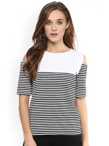 Miss Chase Women Black & White Striped Cold-Shoulder Top