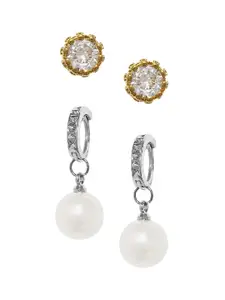 OOMPH Silver-Toned & White Circular Studs Earrings