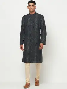 Fabindia Men Green & Yellow Geometric Printed Cotton Kurta