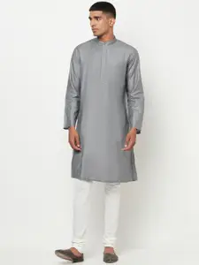 Fabindia Men Grey & high rise Striped Thread Work Kurta