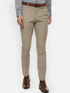 Louis Philippe Men Khaki Checked Slim Fit Formal Trousers