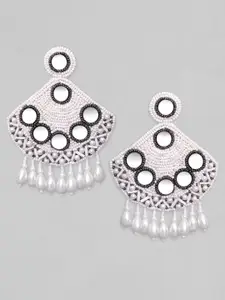 Rubans White & Black Crescent Shaped Embroidered Drop Earrings