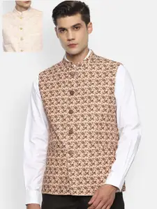 Van Heusen Men Beige & Brown Woven Design Reversible Nehru Jacket