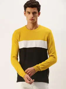Flying Machine Men Mustard Yellow & Black Colourblocked Pullover Sweater