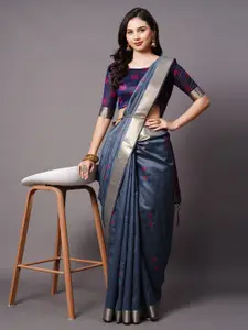 Mitera Blue & Pink Ethnic Motifs Silk Cotton Banarasi Saree