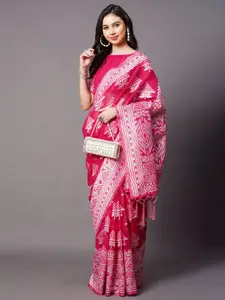 Mitera Pink & Silver-Toned Woven Design Zari Silk Cotton Chanderi Saree