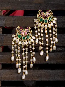 Saraf RS Jewellery Gold-Plated Green AD Studded Crescent Shaped Drop Earrings