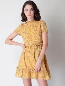 FabAlley Yellow & White Floral Printed Belted Mini Dress