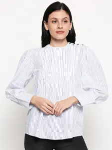 People Women White & Blue Striped Regular Top