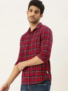 Flying Machine Men Red Slim Fit Tartan Checked Pure Cotton Casual Shirt