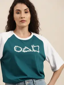 Difference of Opinion Women Green Printed Colourblock Oversized T-shirt