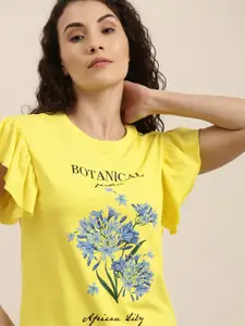Difference of Opinion Women Yellow Floral Printed Slim Fit T-shirt