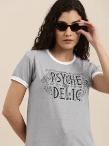 Difference of Opinion Women Grey Melange Typography Printed Slim Fit T-shirt