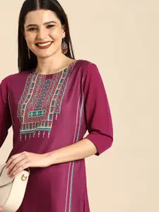 Janasya Women Magenta Ethnic Motifs Yoke Design Crepe Kurta